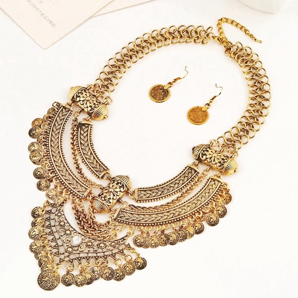 NEW Gold Bohemian Coin Statement Collar Necklace - Picture 1 of 3